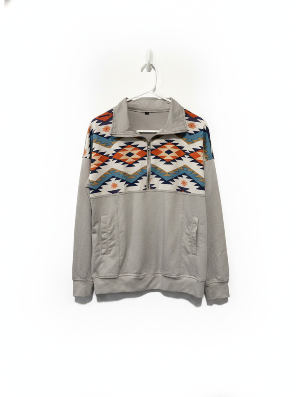 Grey Pullover with Aztec Pattern and Half-Zip Collar Casual Festival Size Small